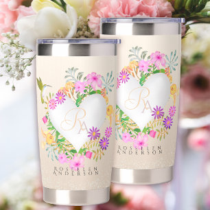 Floral Garden Monogram Heart Beige Insulated Tumbler