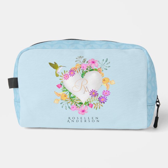 Floral Garden Monogram Heart Blue Dopp Kit (Front)