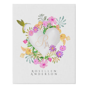 Floral Garden Monogram Heart White Faux Canvas Print