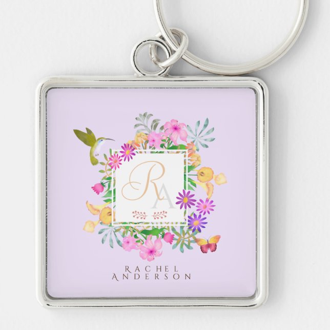 Floral Garden Monogram Pink Keychain (Front)