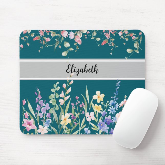 Floral Garden Monogram Script Dark Teal Mouse Pad (With Mouse)