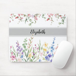 Floral Garden Monogram Script White Mouse Pad