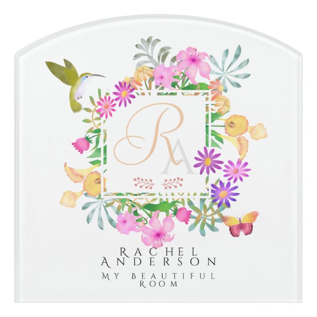Floral Garden Monogram White Door Sign (Contour Front)