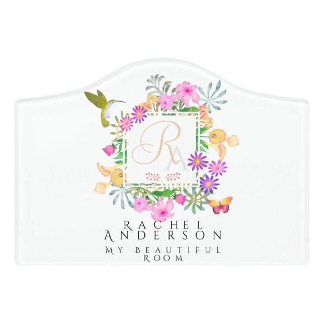 Floral Garden Monogram White Door Sign (Small Crest Front)