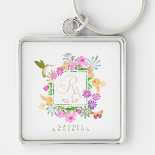 Floral Garden Monogram White Keychain