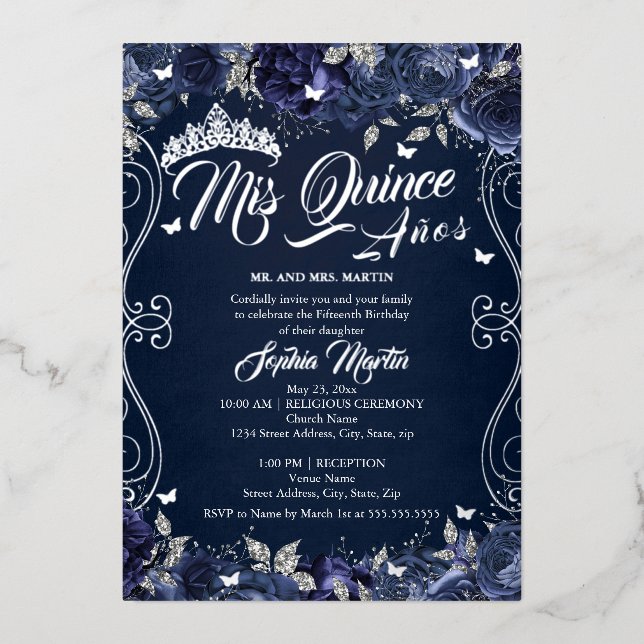 Floral Garden Navy Silver Mis Quince Quinceanera  Foil Invitation (Front)
