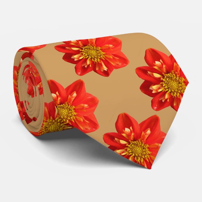 Floral Garden Orange Dahlia Flower Neck Tie (Rolled)