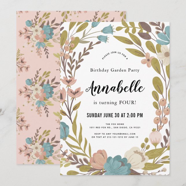 Floral Garden Party White Birthday Invitation (Front/Back)