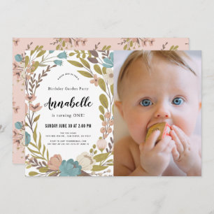 Floral Garden Party White Photo 1st Birthday Invitation
