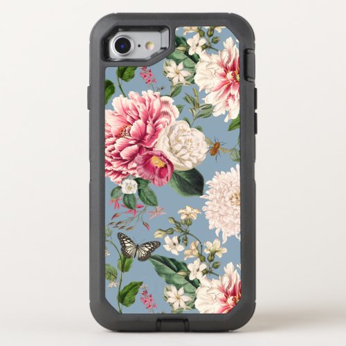 Floral Garden Pattern on Dusty Blue Background OtterBox Defender iPhone SE87 Case
