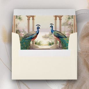 Floral Garden Peacocks Cream Indian Wedding Envelope