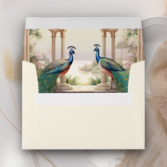 Floral Garden Peacocks Cream Indian Wedding Envelope (Creator Uploaded)