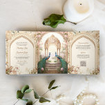 Floral Garden Peacocks Indian Palace Wedding Tri-Fold Invitation<br><div class="desc">Amaze your guests with this elegant wedding invite featuring beautiful peacocks and vintage arches with QR Code for online RSVP or venue location. Simply add your event details on this easy-to-use template and adorn this card with your favorite photo to make it a one-of-a-kind invitation.</div>