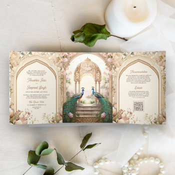 Floral Garden Peacocks Indian Palace Wedding Tri-fold Invitation by ShabzDesigns at Zazzle