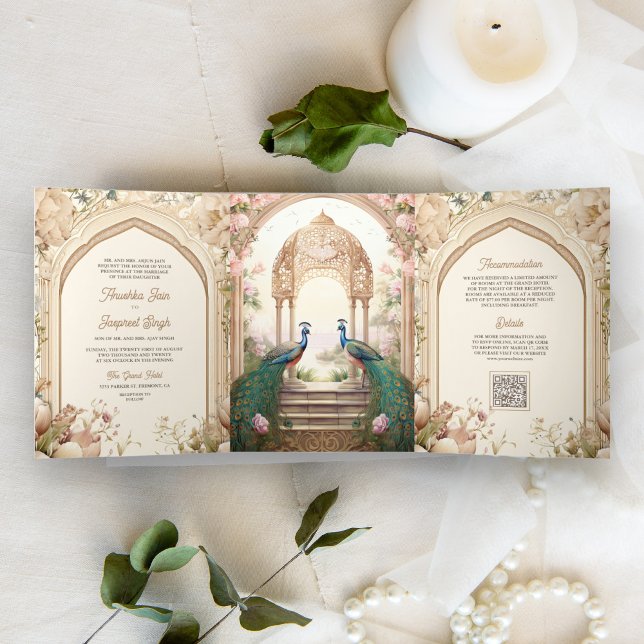 Floral Garden Peacocks Indian Palace Wedding Tri-Fold Invitation (Creator Uploaded)