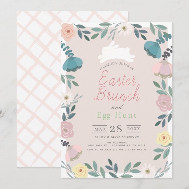 Floral Garden Pink Bunny Easter Brunch & Egg Hunt Invitation (Front/Back)