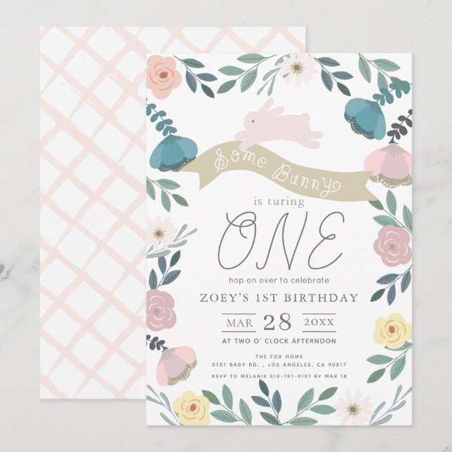 Floral Garden Pink Bunny Girl 1st Birthday Invitation (Front/Back)
