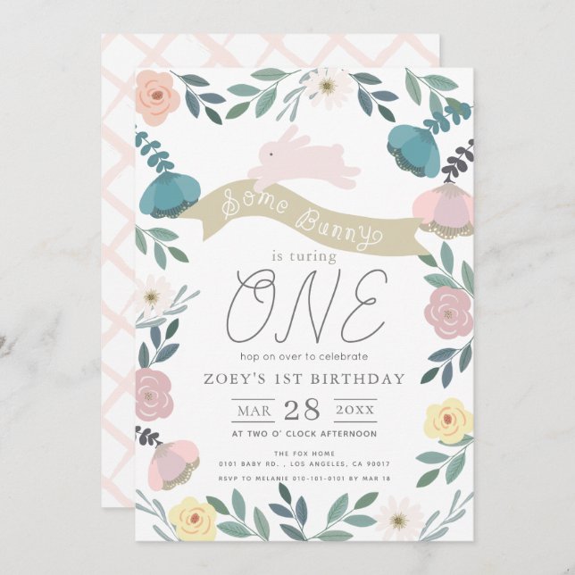 Floral Garden Pink Bunny Girl 1st Birthday Invitation (Front/Back)