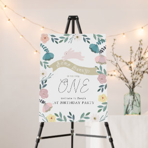 Floral Garden Pink Bunny Girl 1st Birthday Welcome Foam Board