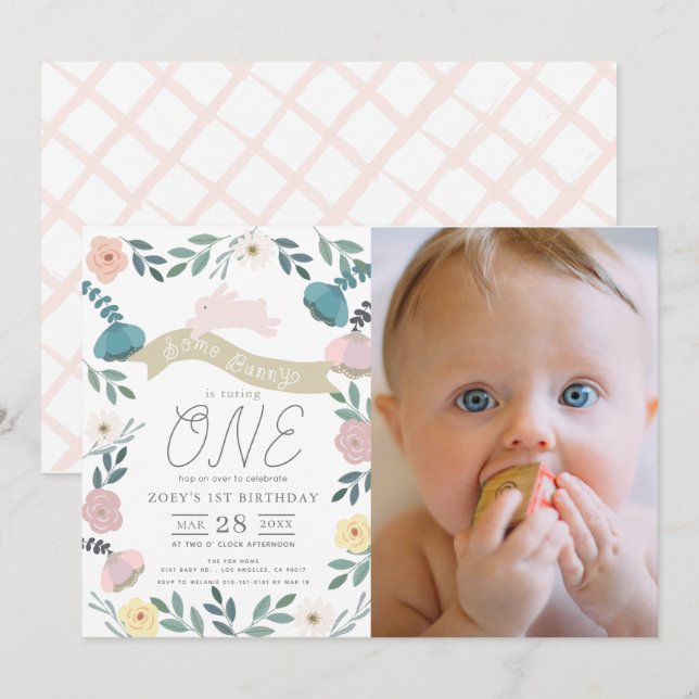 Floral Garden Pink Bunny Girl Photo 1st Birthday Invitation (Front/Back)