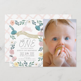 Floral Garden Pink Bunny Girl Photo 1st Birthday Invitation