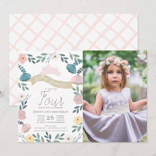 Floral Garden Pink Bunny Girl Photo Birthday Invitation (Front/Back)