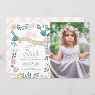 Floral Garden Pink Bunny Girl Photo Birthday Invitation