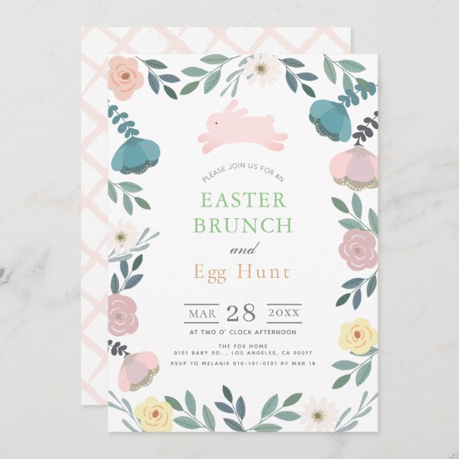 Floral Garden Pink Bunny White Easter Brunch Invitation (Front/Back)