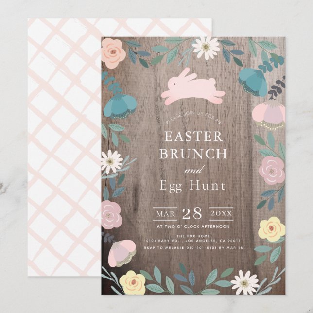 Floral Garden Pink Bunny Wood Easter Brunch Invitation (Front/Back)