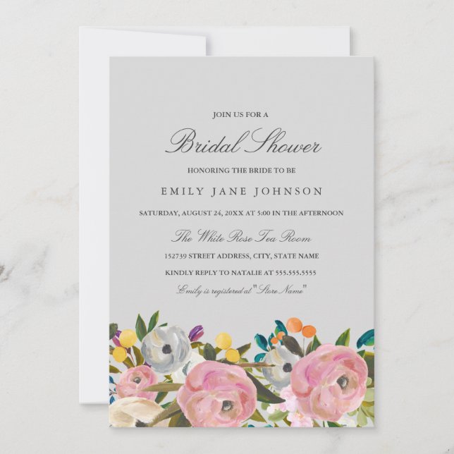 Floral Garden Pink Gray Bridal Shower Invite (Front)