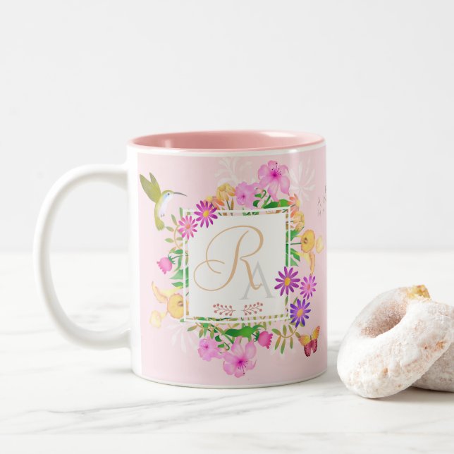 Floral Garden Pink  Monogram Mug (With Donut)