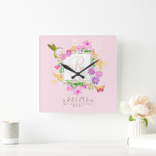 Floral Garden Pink Monogram  Square Wall Clock
