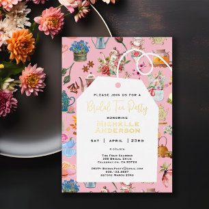 Floral Garden Pink Tea Party Bridal Shower Gold Foil Invitation
