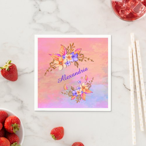 Floral Garden Pink Watercolor Personalize Napkins