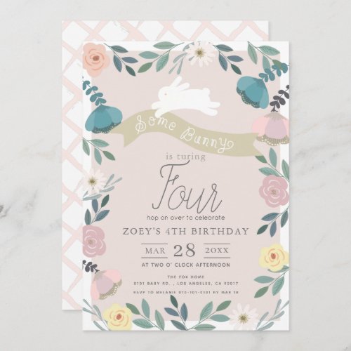 Floral Garden Pink White Bunny Girl Birthday Invitation