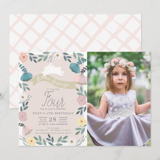Floral Garden Pink White Bunny Girl Photo Birthday Invitation (Front/Back)
