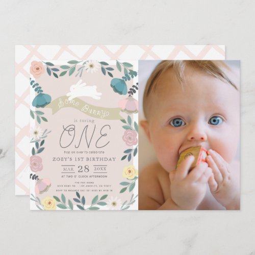 Floral Garden Pink White Bunny Photo 1st Birthday Invitation