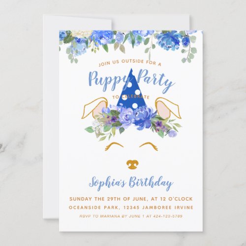 Floral Garden Puppy Party Birthday Blue Gold Invitation