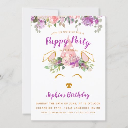 Floral Garden Puppy Party Birthday Faux Gold Invitation