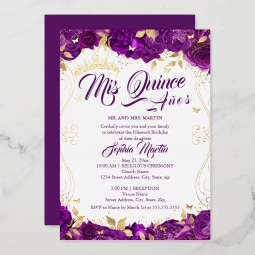 Floral Garden Purple Mis Quince Quinceanera  Foil Invitation