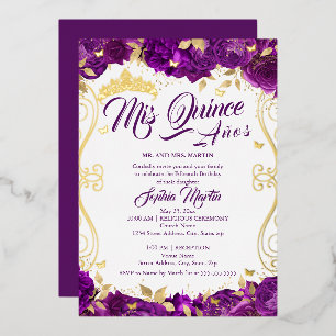 Floral Garden Purple Mis Quince Quinceanera Foil Invitation