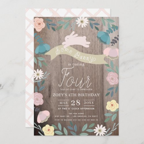 Floral Garden Rustic Wood Pink Bunny Girl Birthday Invitation