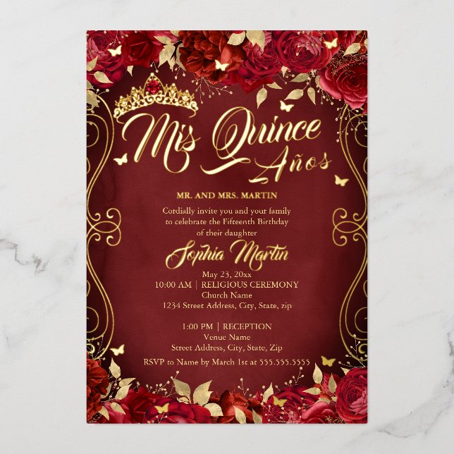 Floral Garden Scroll Red Mis Quince Quinceanera  Foil Invitation (Front)