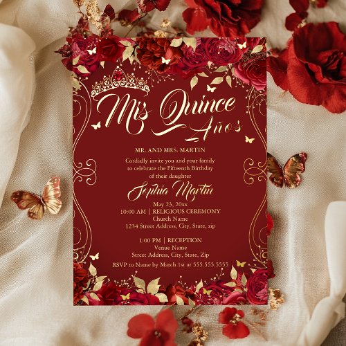 Floral Garden Scroll Ruby Mis Quince Quinceanera  Foil Invitation