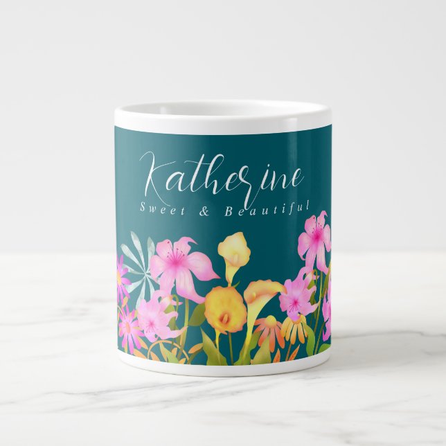 Floral Garden Teal  Giant Coffee Mug (Front)