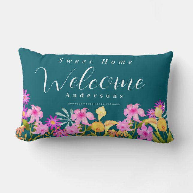 Floral Garden Teal Welcome Throw Pillow (Front)