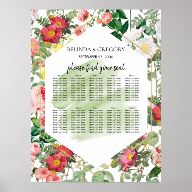 Floral Garden, Watercolor Wedding Seating Chart (Front)