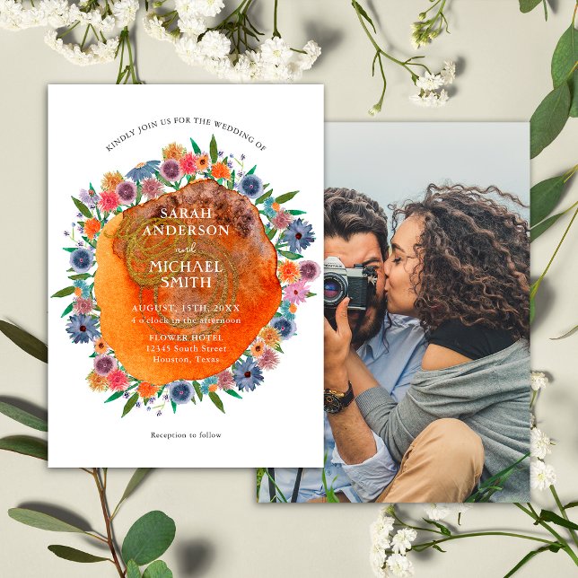 Floral Garden Whimsical Wildflowers Photo Wedding Invitation (Front/Back)