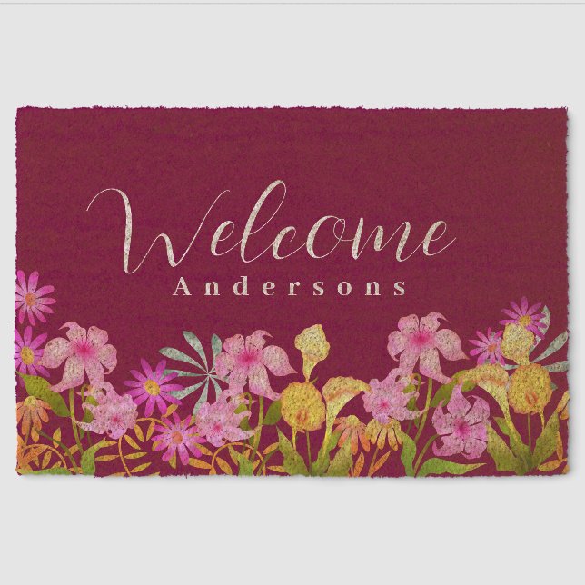 Floral Garden WIne Welcome Fiber Doormat (Front)