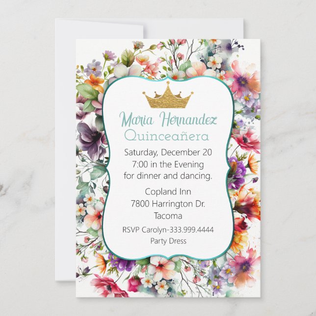 Floral Garden with Crown Quinceañera Invitation (Front)